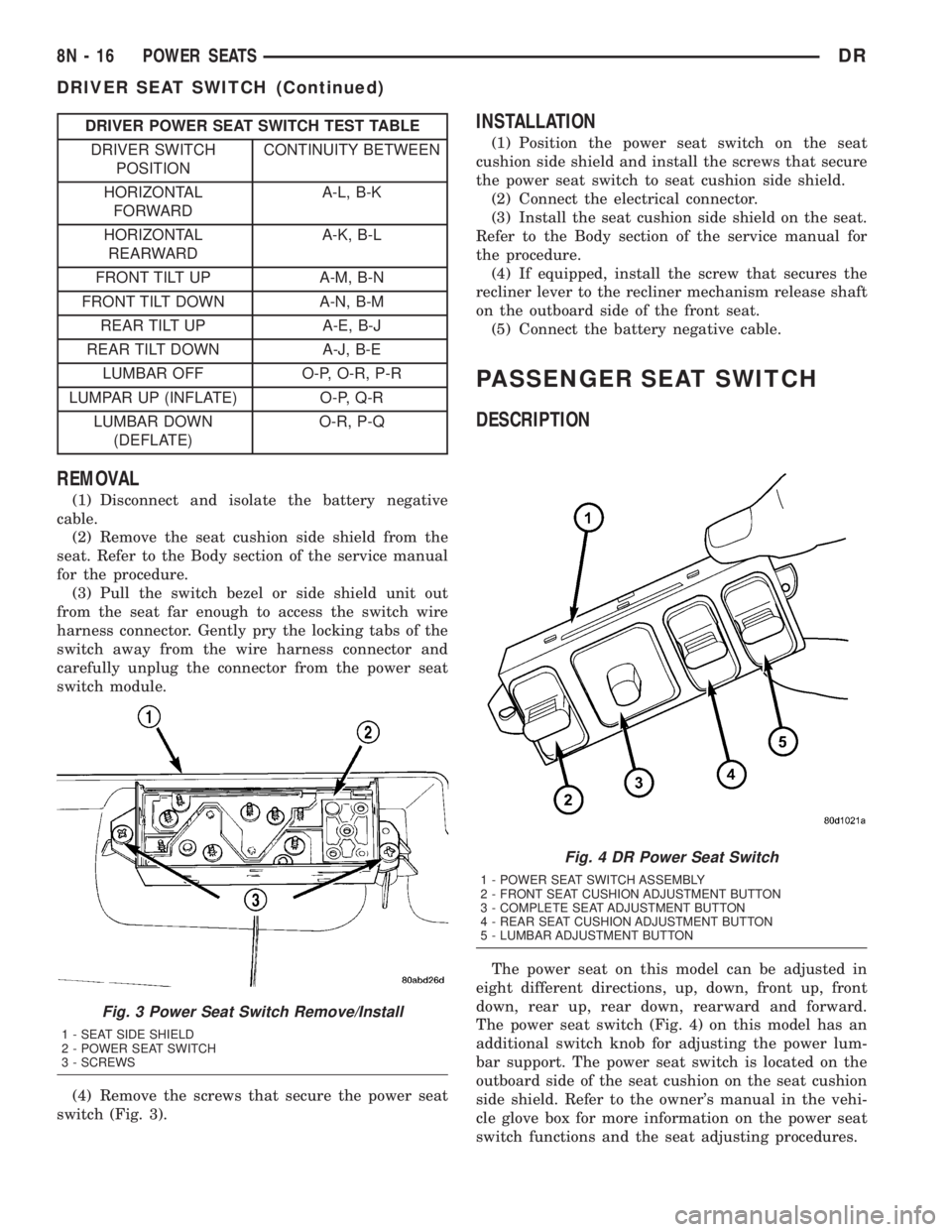 DODGE RAM 2003  Service User Guide DRIVER POWER SEAT SWITCH TEST TABLE
DRIVER SWITCH
POSITIONCONTINUITY BETWEEN
HORIZONTAL
FORWARDA-L, B-K
HORIZONTAL
REARWARDA-K, B-L
FRONT TILT UP A-M, B-N
FRONT TILT DOWN A-N, B-M
REAR TILT UP A-E, B-