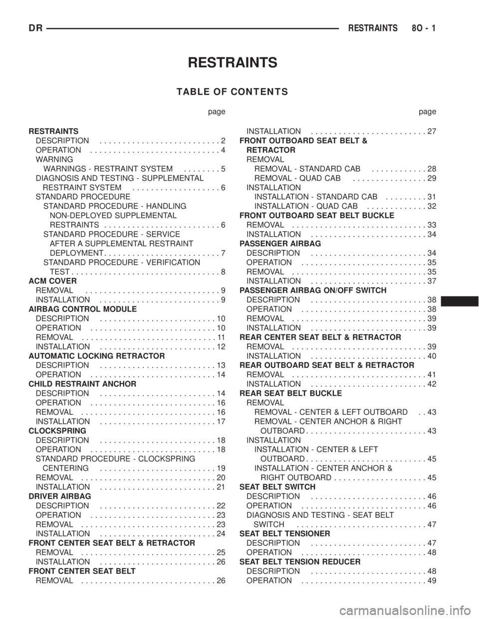 DODGE RAM 2003 Service Repair Manual RESTRAINTS
TABLE OF CONTENTS
page page
RESTRAINTS
DESCRIPTION..........................2
OPERATION............................4
WARNING
WARNINGS - RESTRAINT SYSTEM........5
DIAGNOSIS AND TESTING - SUP DODGE RAM 2003 Service Repair Manual RESTRAINTS
TABLE OF CONTENTS
page page
RESTRAINTS
DESCRIPTION..........................2
OPERATION............................4
WARNING
WARNINGS - RESTRAINT SYSTEM........5
DIAGNOSIS AND TESTING - SUP