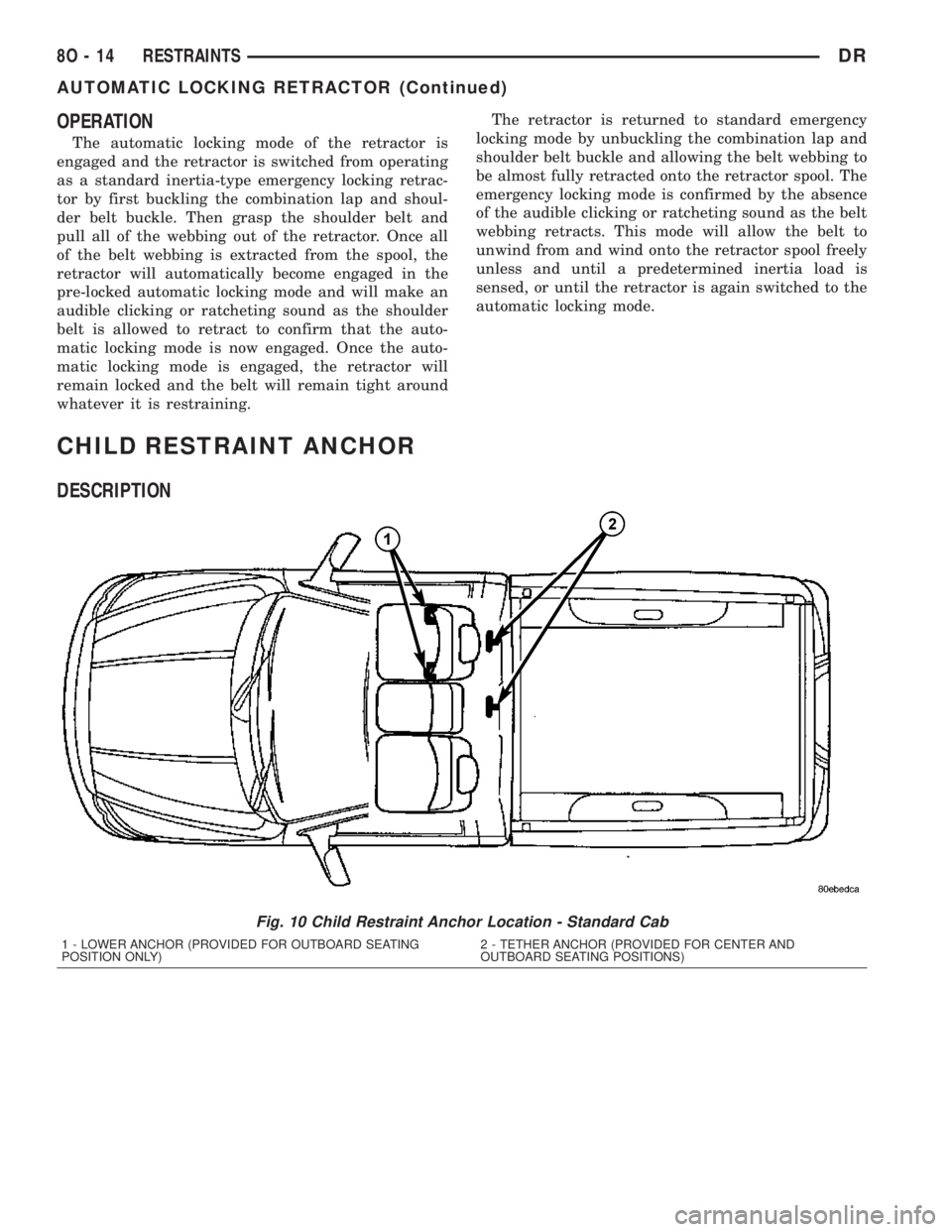 DODGE RAM 2003  Service Repair Manual OPERATION
The automatic locking mode of the retractor is
engaged and the retractor is switched from operating
as a standard inertia-type emergency locking retrac-
tor by first buckling the combination