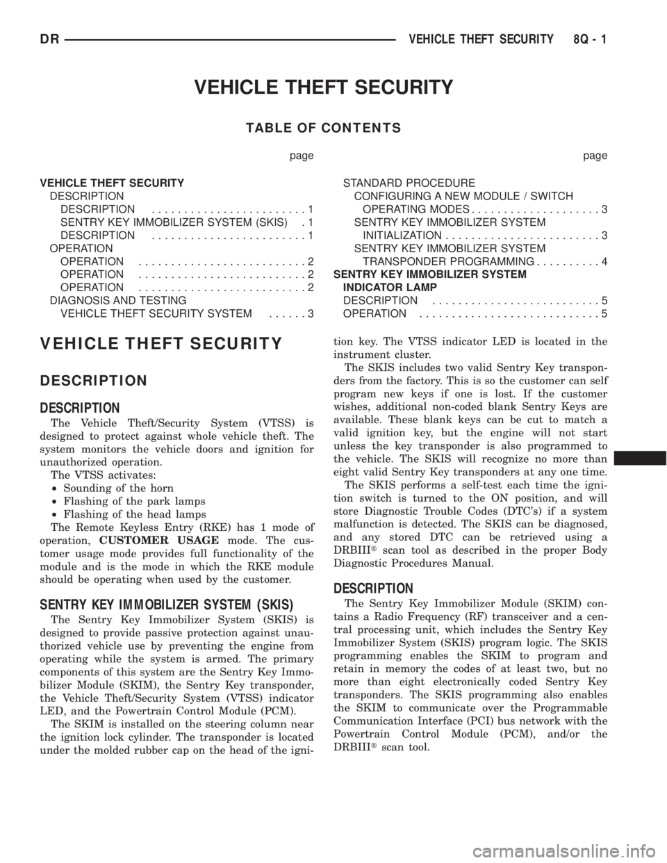 DODGE RAM 2003  Service Repair Manual VEHICLE THEFT SECURITY
TABLE OF CONTENTS
page page
VEHICLE THEFT SECURITY
DESCRIPTION
DESCRIPTION........................1
SENTRY KEY IMMOBILIZER SYSTEM (SKIS) . 1
DESCRIPTION........................1