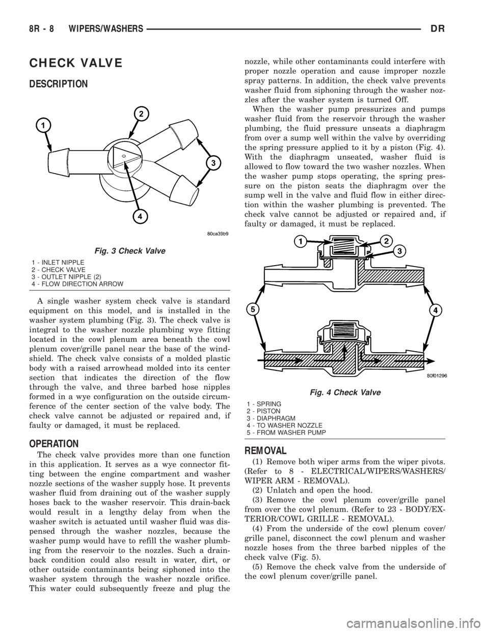 DODGE RAM 2003  Service Repair Manual CHECK VALVE
DESCRIPTION
A single washer system check valve is standard
equipment on this model, and is installed in the
washer system plumbing (Fig. 3). The check valve is
integral to the washer nozzl
