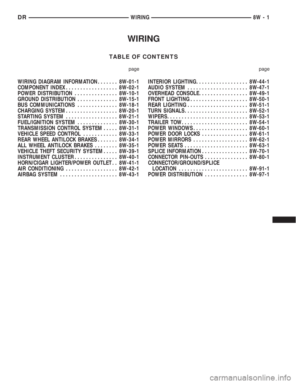 DODGE RAM 2003  Service Repair Manual WIRING
TABLE OF CONTENTS
page page
WIRING DIAGRAM INFORMATION....... 8W-01-1
COMPONENT INDEX.................. 8W-02-1
POWER DISTRIBUTION............... 8W-10-1
GROUND DISTRIBUTION.............. 8W-15