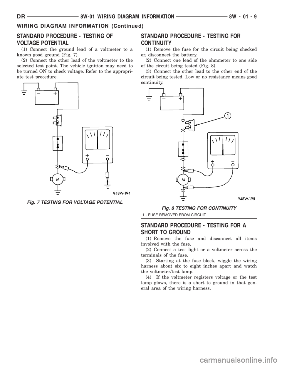 DODGE RAM 2003  Service Repair Manual STANDARD PROCEDURE - TESTING OF
VOLTAGE POTENTIAL
(1) Connect the ground lead of a voltmeter to a
known good ground (Fig. 7).
(2) Connect the other lead of the voltmeter to the
selected test point. Th