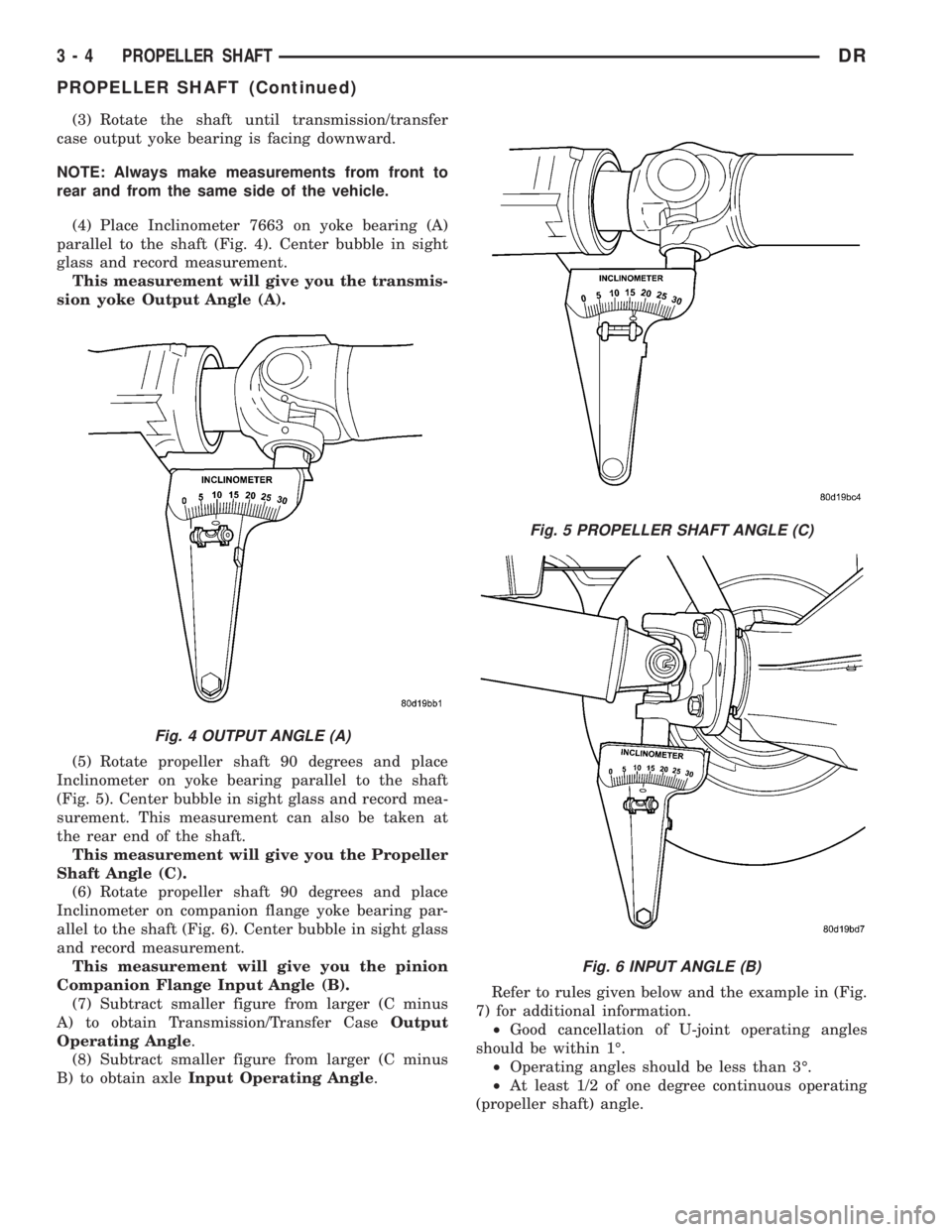 DODGE RAM 2003  Service Manual PDF (3) Rotate the shaft until transmission/transfer
case output yoke bearing is facing downward.
NOTE: Always make measurements from front to
rear and from the same side of the vehicle.
(4) Place Inclino