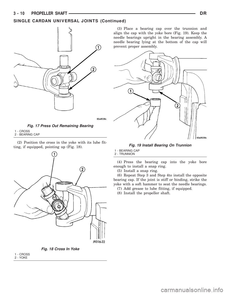 DODGE RAM 2003  Service Manual Online (2) Position the cross in the yoke with its lube fit-
ting, if equipped, pointing up (Fig. 18).(3) Place a bearing cap over the trunnion and
align the cap with the yoke bore (Fig. 19). Keep the
needle