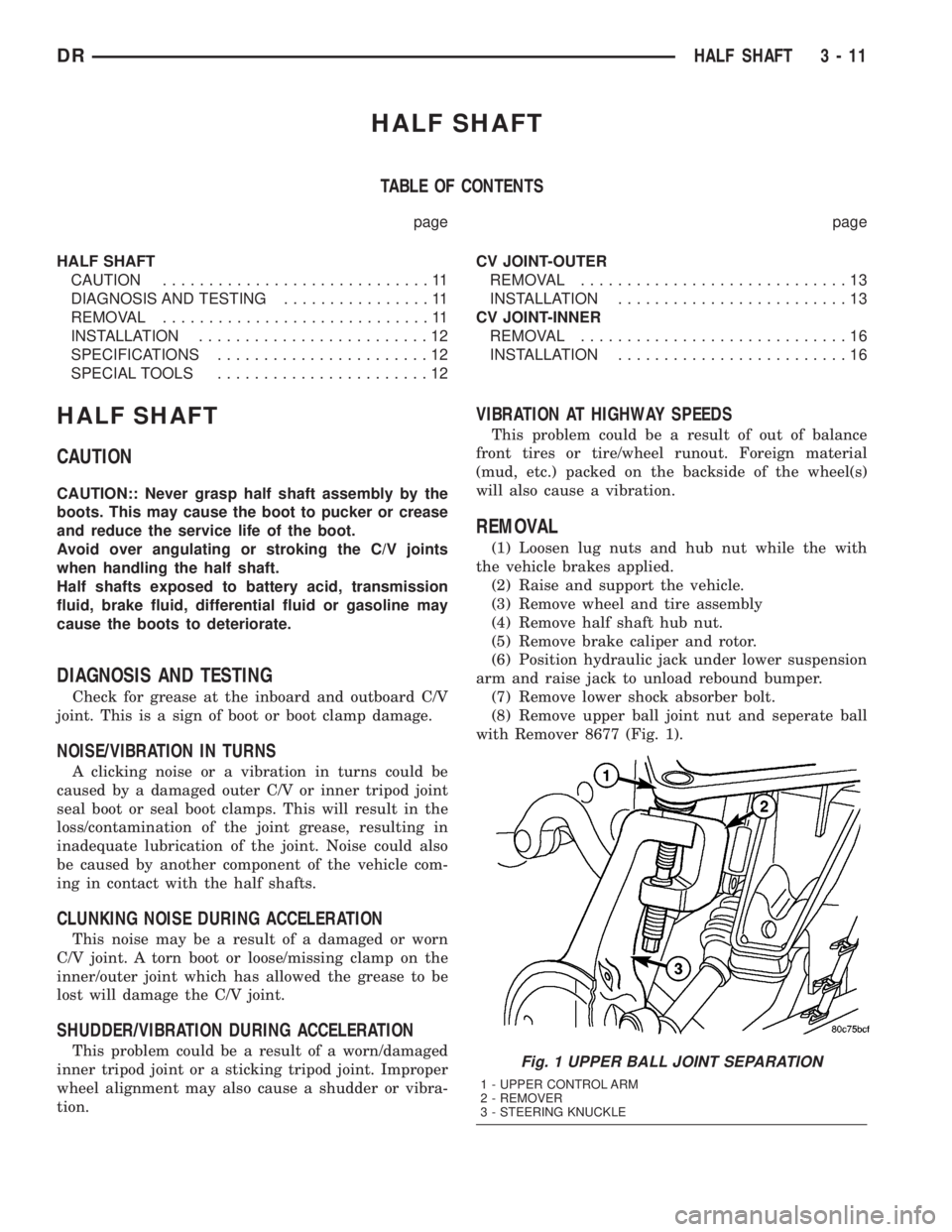 DODGE RAM 2003  Service Manual Online HALF SHAFT
TABLE OF CONTENTS
page page
HALF SHAFT
CAUTION.............................11
DIAGNOSIS AND TESTING................11
REMOVAL.............................11
INSTALLATION....................