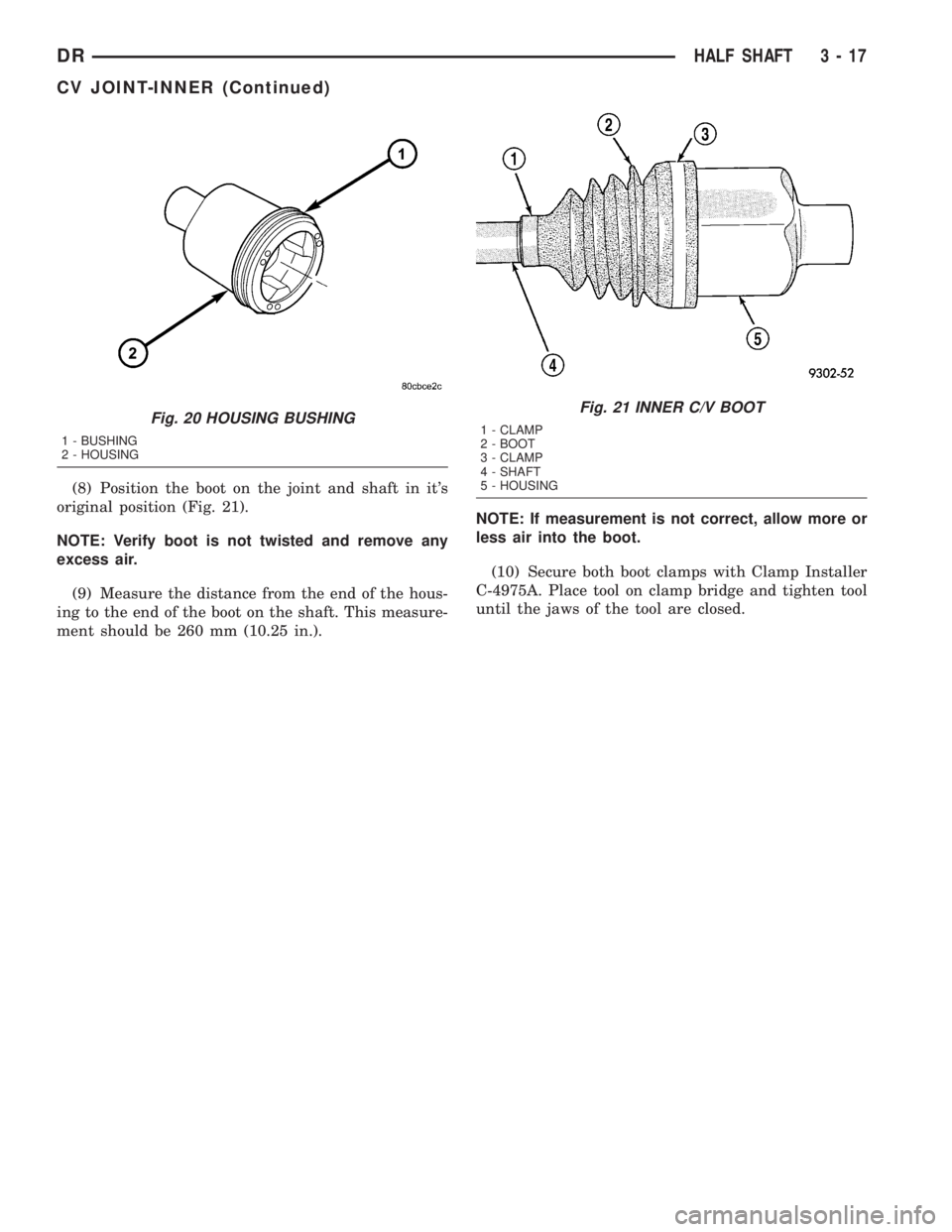 DODGE RAM 2003  Service Manual Online (8) Position the boot on the joint and shaft in its
original position (Fig. 21).
NOTE: Verify boot is not twisted and remove any
excess air.
(9) Measure the distance from the end of the hous-
ing to 
