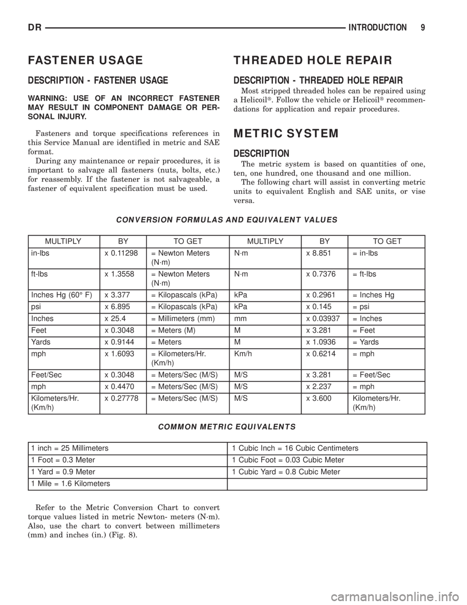 DODGE RAM 2003 Service Repair Manual FASTENER USAGE
DESCRIPTION - FASTENER USAGE
WARNING: USE OF AN INCORRECT FASTENER
MAY RESULT IN COMPONENT DAMAGE OR PER-
SONAL INJURY.
Fasteners and torque specifications references in
this Service Ma DODGE RAM 2003 Service Repair Manual FASTENER USAGE
DESCRIPTION - FASTENER USAGE
WARNING: USE OF AN INCORRECT FASTENER
MAY RESULT IN COMPONENT DAMAGE OR PER-
SONAL INJURY.
Fasteners and torque specifications references in
this Service Ma