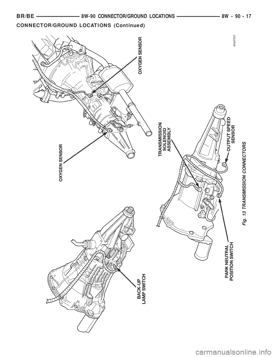 DODGE RAM 2001 Service Repair Manual Fig. 13 TRANSMISSION CONNECTORS
BR/BE8W-90 CONNECTOR/GROUND LOCATIONS 8W - 90 - 17
CONNECTOR/GROUND LOCATIONS (Continued) DODGE RAM 2001 Service Repair Manual Fig. 13 TRANSMISSION CONNECTORS
BR/BE8W-90 CONNECTOR/GROUND LOCATIONS 8W - 90 - 17
CONNECTOR/GROUND LOCATIONS (Continued)
