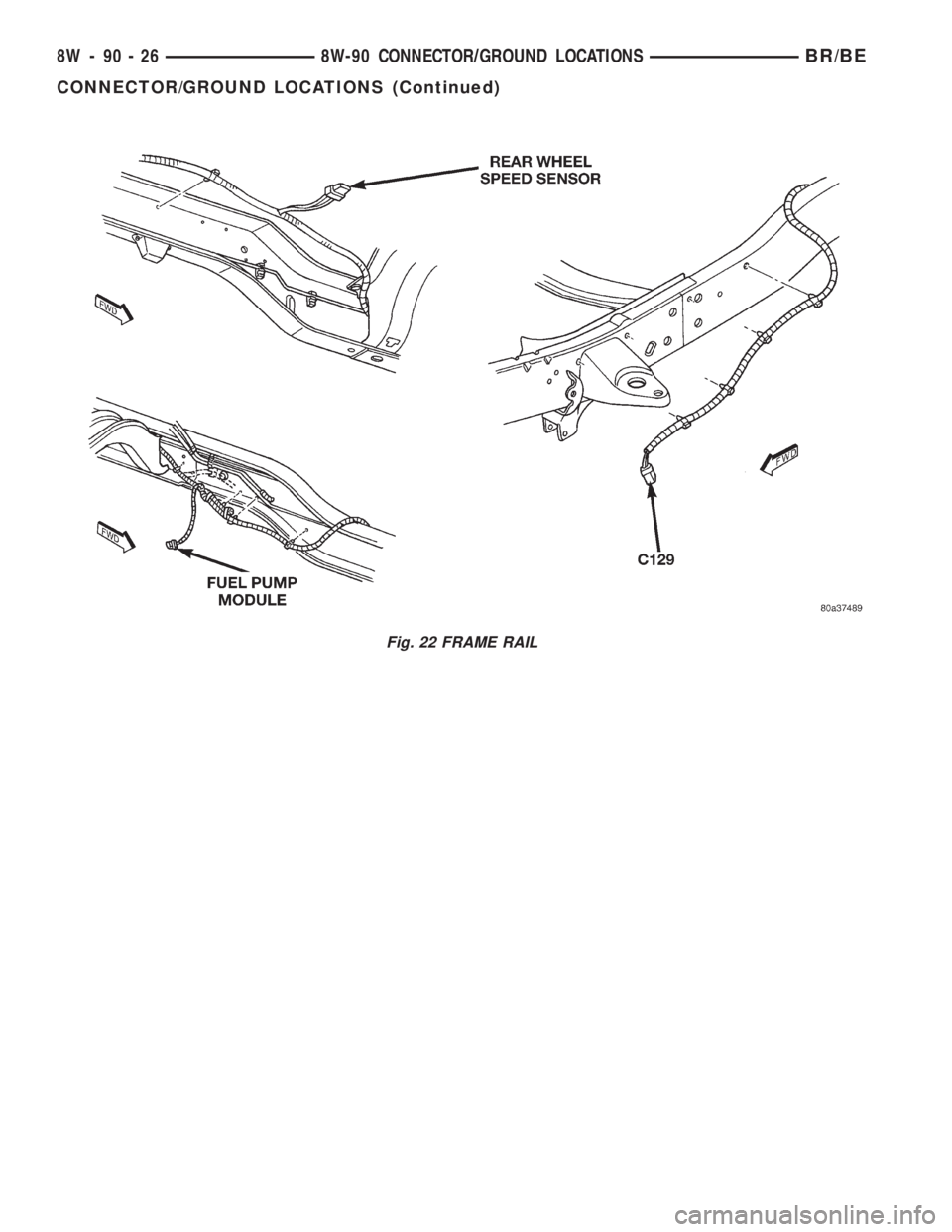 DODGE RAM 2001 Service Repair Manual Fig. 22 FRAME RAIL
8W - 90 - 26 8W-90 CONNECTOR/GROUND LOCATIONSBR/BE
CONNECTOR/GROUND LOCATIONS (Continued) DODGE RAM 2001 Service Repair Manual Fig. 22 FRAME RAIL
8W - 90 - 26 8W-90 CONNECTOR/GROUND LOCATIONSBR/BE
CONNECTOR/GROUND LOCATIONS (Continued)