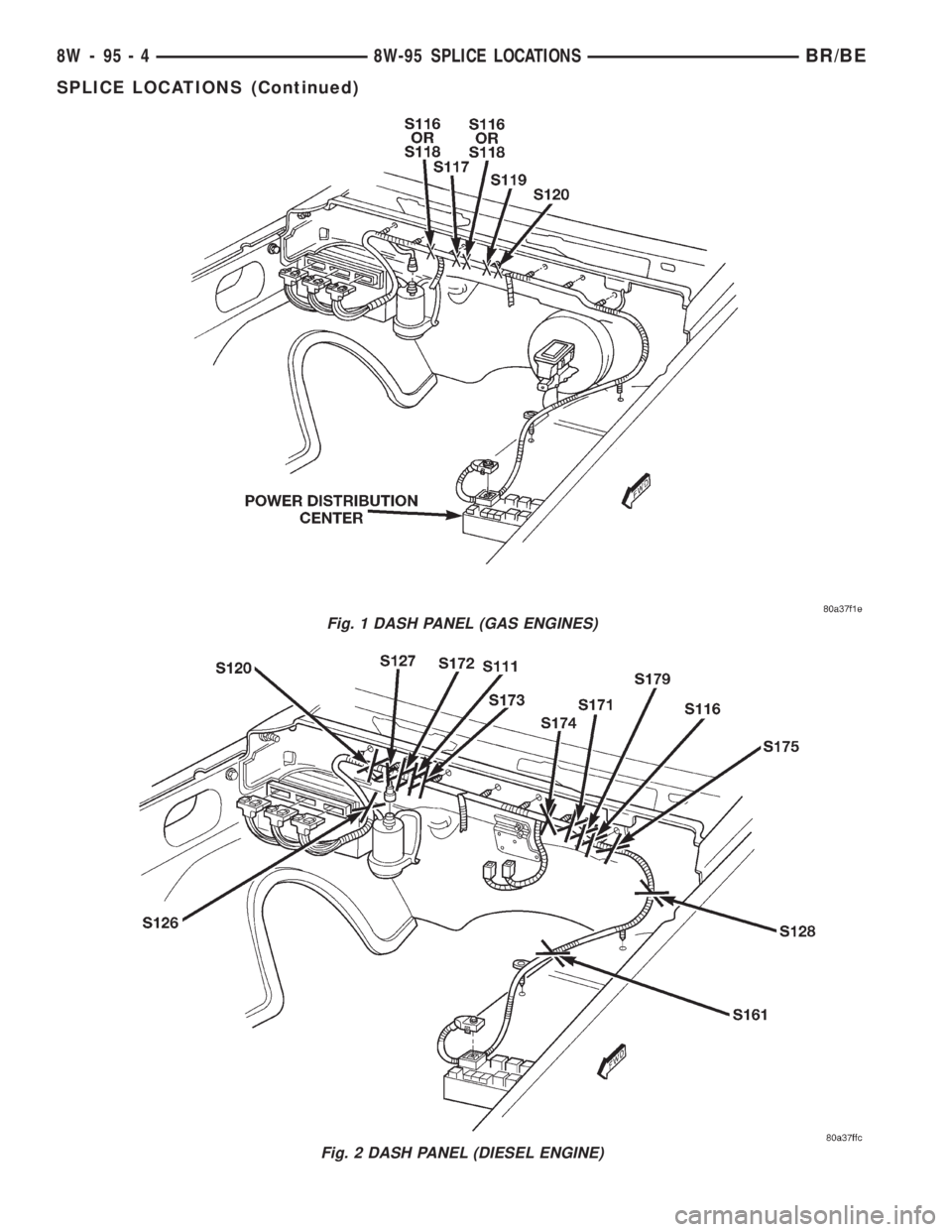 DODGE RAM 2001  Service Repair Manual Fig. 2 DASH PANEL (DIESEL ENGINE)
Fig. 1 DASH PANEL (GAS ENGINES)
8W - 95 - 4 8W-95 SPLICE LOCATIONSBR/BE
SPLICE LOCATIONS (Continued) 