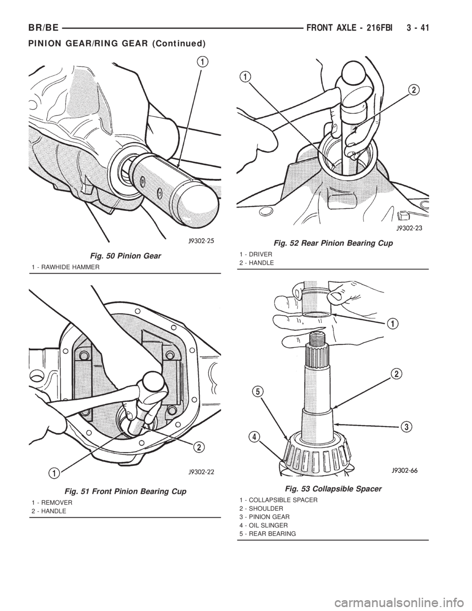 DODGE RAM 2001 Service Repair Manual Fig. 50 Pinion Gear
1 - RAWHIDE HAMMER
Fig. 51 Front Pinion Bearing Cup
1 - REMOVER
2 - HANDLE
Fig. 52 Rear Pinion Bearing Cup
1 - DRIVER
2 - HANDLE
Fig. 53 Collapsible Spacer
1 - COLLAPSIBLE SPACER
2 DODGE RAM 2001 Service Repair Manual Fig. 50 Pinion Gear
1 - RAWHIDE HAMMER
Fig. 51 Front Pinion Bearing Cup
1 - REMOVER
2 - HANDLE
Fig. 52 Rear Pinion Bearing Cup
1 - DRIVER
2 - HANDLE
Fig. 53 Collapsible Spacer
1 - COLLAPSIBLE SPACER
2