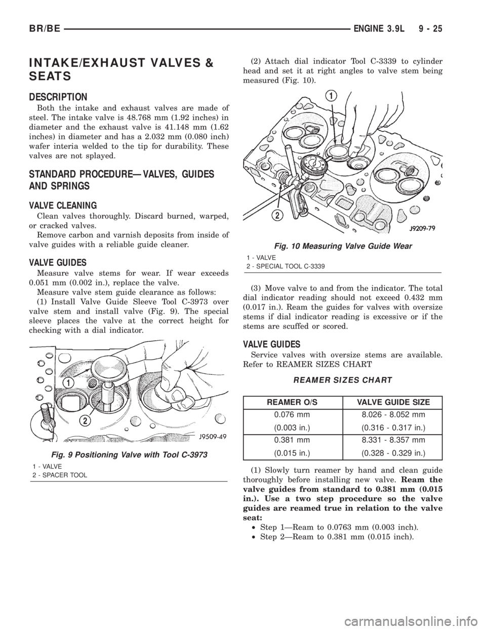 DODGE RAM 2001 Service Repair Manual INTAKE/EXHAUST VALVES &
SEATS
DESCRIPTION
Both the intake and exhaust valves are made of
steel. The intake valve is 48.768 mm (1.92 inches) in
diameter and the exhaust valve is 41.148 mm (1.62
inches) DODGE RAM 2001 Service Repair Manual INTAKE/EXHAUST VALVES &
SEATS
DESCRIPTION
Both the intake and exhaust valves are made of
steel. The intake valve is 48.768 mm (1.92 inches) in
diameter and the exhaust valve is 41.148 mm (1.62
inches)