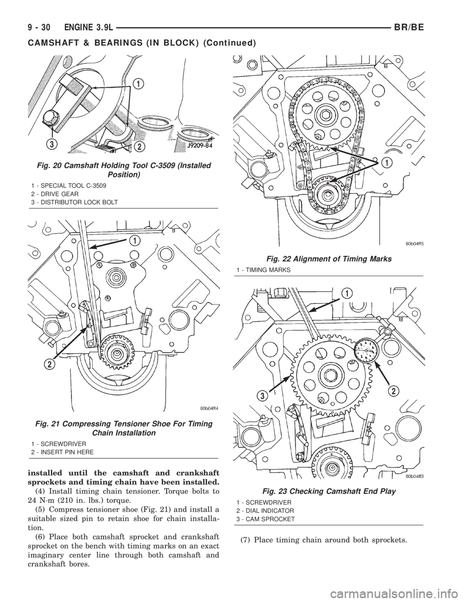DODGE RAM 2001 Service Repair Manual installed until the camshaft and crankshaft
sprockets and timing chain have been installed.
(4) Install timing chain tensioner. Torque bolts to
24 N´m (210 in. lbs.) torque.
(5) Compress tensioner sh DODGE RAM 2001 Service Repair Manual installed until the camshaft and crankshaft
sprockets and timing chain have been installed.
(4) Install timing chain tensioner. Torque bolts to
24 N´m (210 in. lbs.) torque.
(5) Compress tensioner sh