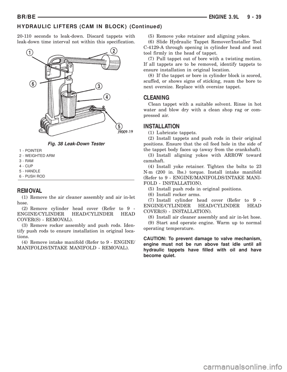 DODGE RAM 2001  Service Repair Manual 20-110 seconds to leak-down. Discard tappets with
leak-down time interval not within this specification.
REMOVAL
(1) Remove the air cleaner assembly and air in-let
hose.
(2) Remove cylinder head cover