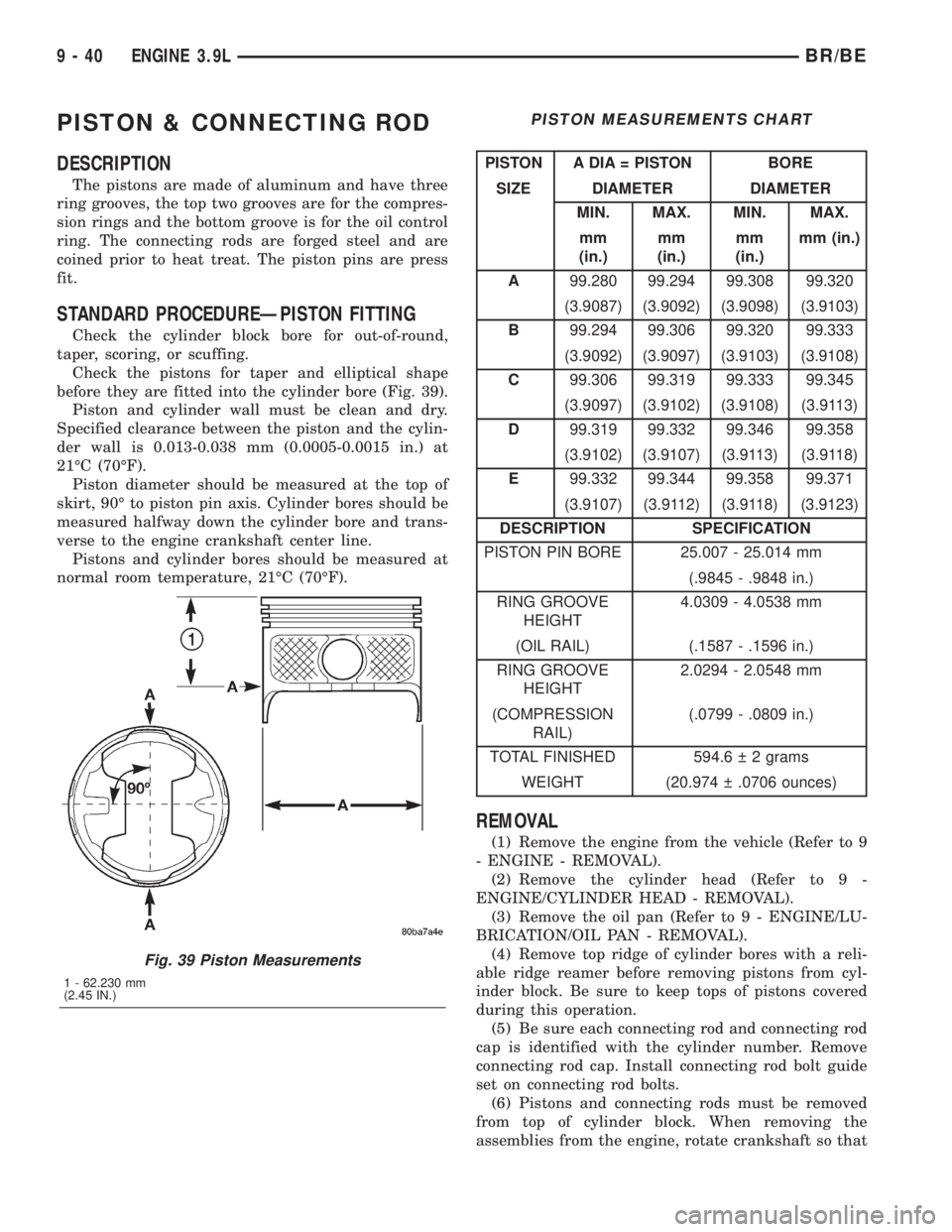 DODGE RAM 2001  Service Repair Manual PISTON & CONNECTING ROD
DESCRIPTION
The pistons are made of aluminum and have three
ring grooves, the top two grooves are for the compres-
sion rings and the bottom groove is for the oil control
ring.