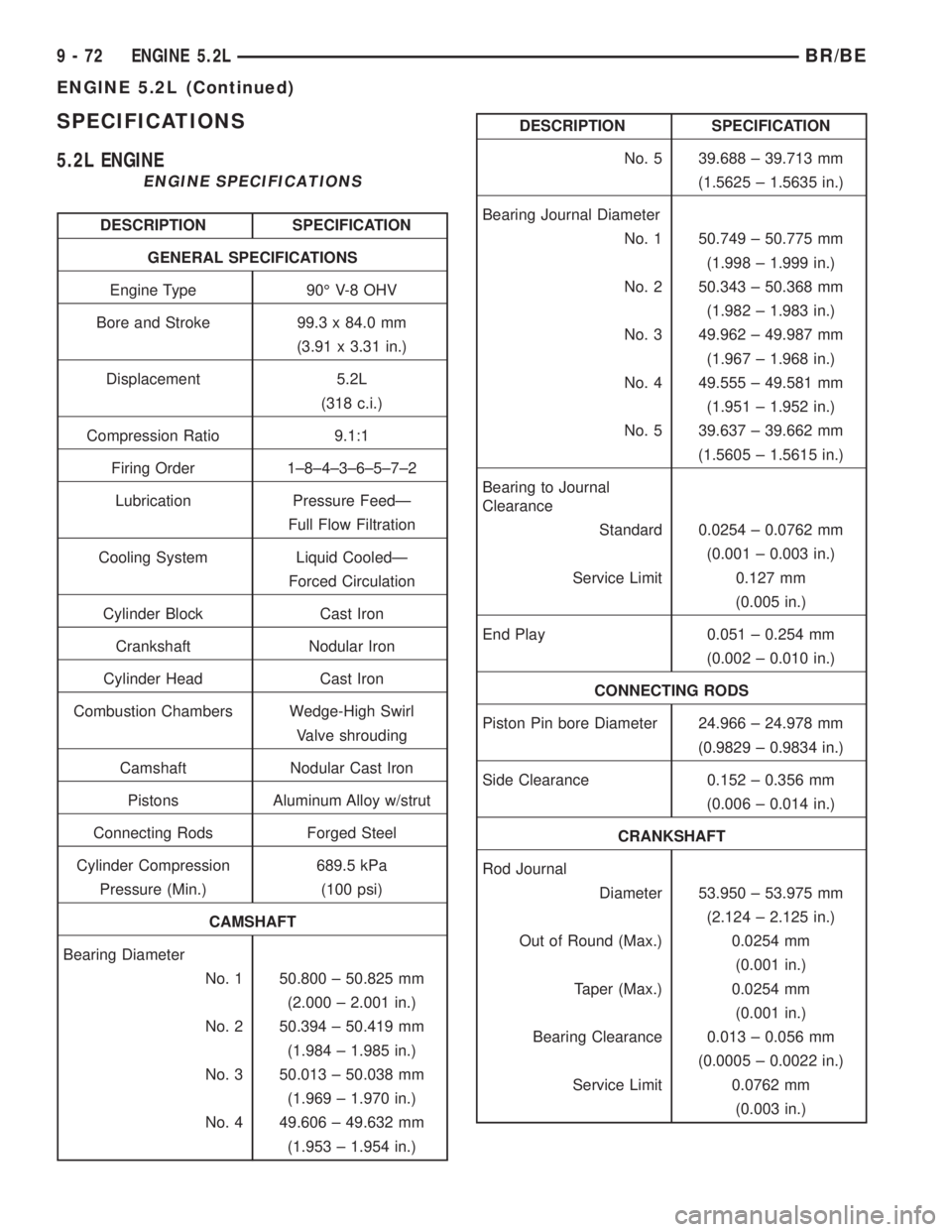 DODGE RAM 2001  Service Repair Manual SPECIFICATIONS
5.2L ENGINE
ENGINE SPECIFICATIONS
DESCRIPTION SPECIFICATION
GENERAL SPECIFICATIONS
Engine Type 90É V-8 OHV
Bore and Stroke 99.3 x 84.0 mm
(3.91 x 3.31 in.)
Displacement 5.2L
(318 c.i.)