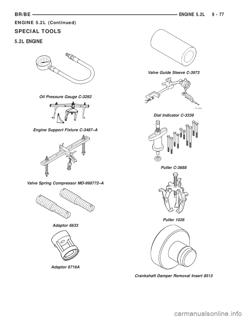 DODGE RAM 2001  Service Repair Manual SPECIAL TOOLS
5.2L ENGINE
Oil Pressure Gauge C-3292
Engine Support Fixture C-3487±A
Valve Spring Compressor MD-998772±A
Adaptor 6633
Adaptor 6716A
Valve Guide Sleeve C-3973
Dial Indicator C-3339
Pul