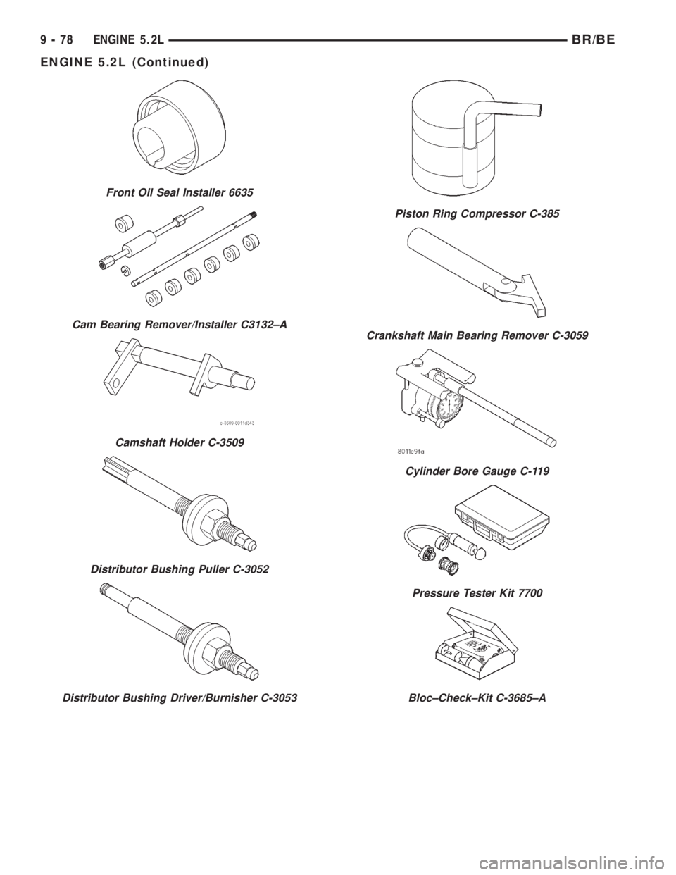 DODGE RAM 2001  Service Repair Manual Front Oil Seal Installer 6635
Cam Bearing Remover/Installer C3132±A
Camshaft Holder C-3509
Distributor Bushing Puller C-3052
Distributor Bushing Driver/Burnisher C-3053
Piston Ring Compressor C-385
C