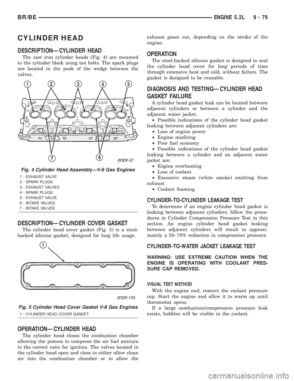 DODGE RAM 2001  Service Repair Manual CYLINDER HEAD
DESCRIPTIONÐCYLINDER HEAD
The cast iron cylinder heads (Fig. 4) are mounted
to the cylinder block using ten bolts. The spark plugs
are located in the peak of the wedge between the
valve
