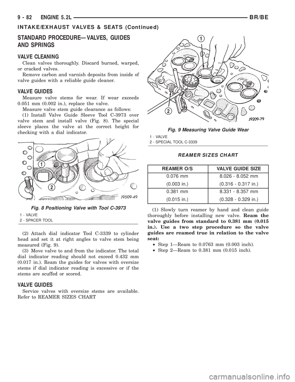 DODGE RAM 2001  Service Repair Manual STANDARD PROCEDUREÐVALVES, GUIDES
AND SPRINGS
VALVE CLEANING
Clean valves thoroughly. Discard burned, warped,
or cracked valves.
Remove carbon and varnish deposits from inside of
valve guides with a 