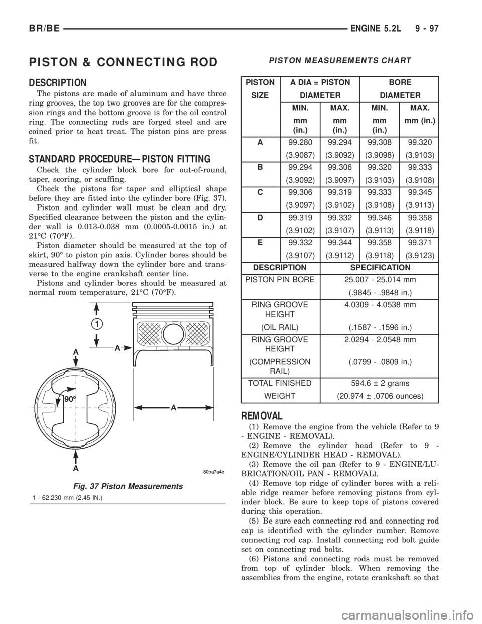DODGE RAM 2001  Service Repair Manual PISTON & CONNECTING ROD
DESCRIPTION
The pistons are made of aluminum and have three
ring grooves, the top two grooves are for the compres-
sion rings and the bottom groove is for the oil control
ring.