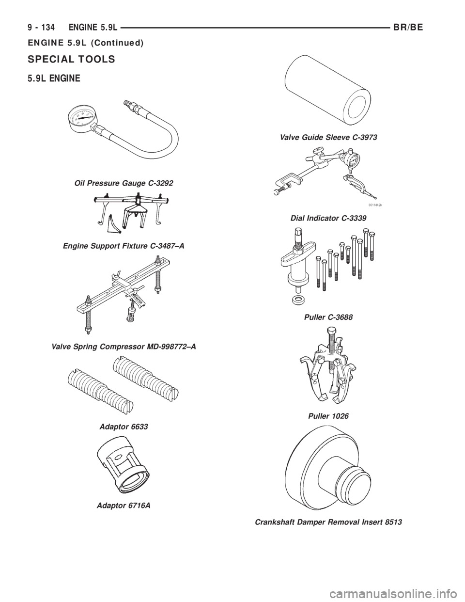 DODGE RAM 2001  Service Repair Manual SPECIAL TOOLS
5.9L ENGINE
Oil Pressure Gauge C-3292
Engine Support Fixture C-3487±A
Valve Spring Compressor MD-998772±A
Adaptor 6633
Adaptor 6716A
Valve Guide Sleeve C-3973
Dial Indicator C-3339
Pul