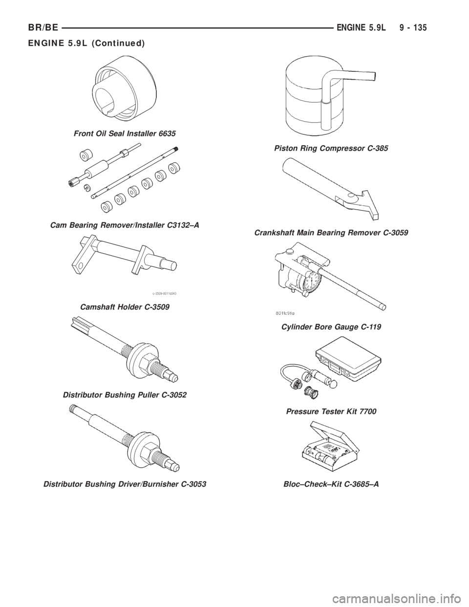 DODGE RAM 2001  Service Repair Manual Front Oil Seal Installer 6635
Cam Bearing Remover/Installer C3132±A
Camshaft Holder C-3509
Distributor Bushing Puller C-3052
Distributor Bushing Driver/Burnisher C-3053
Piston Ring Compressor C-385
C