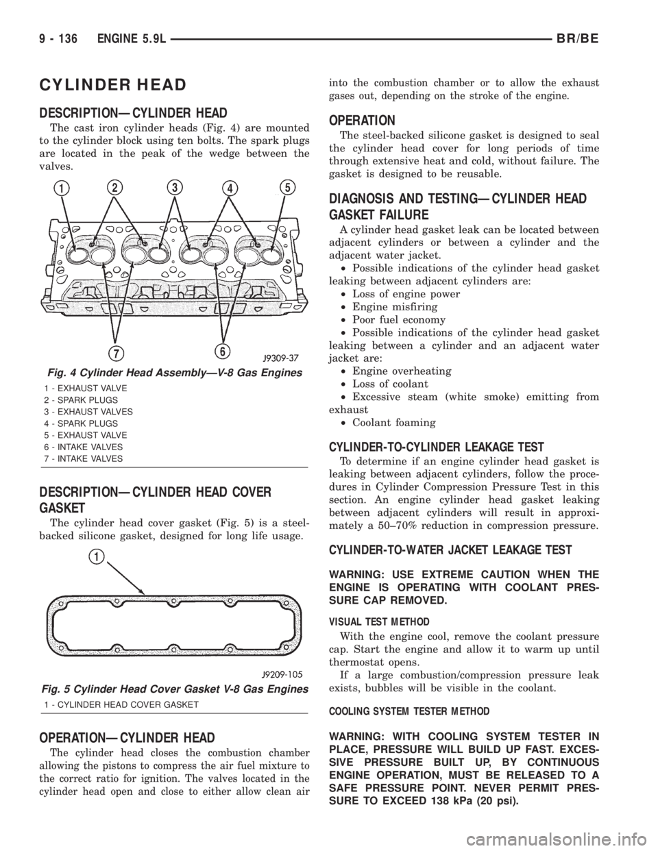 DODGE RAM 2001  Service Repair Manual CYLINDER HEAD
DESCRIPTIONÐCYLINDER HEAD
The cast iron cylinder heads (Fig. 4) are mounted
to the cylinder block using ten bolts. The spark plugs
are located in the peak of the wedge between the
valve