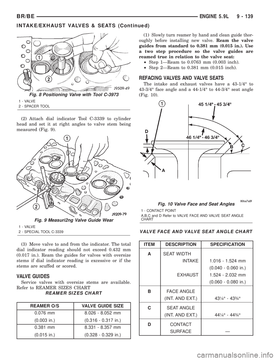 DODGE RAM 2001  Service Repair Manual (2) Attach dial indicator Tool C-3339 to cylinder
head and set it at right angles to valve stem being
measured (Fig. 9).
(3) Move valve to and from the indicator. The total
dial indicator reading shou