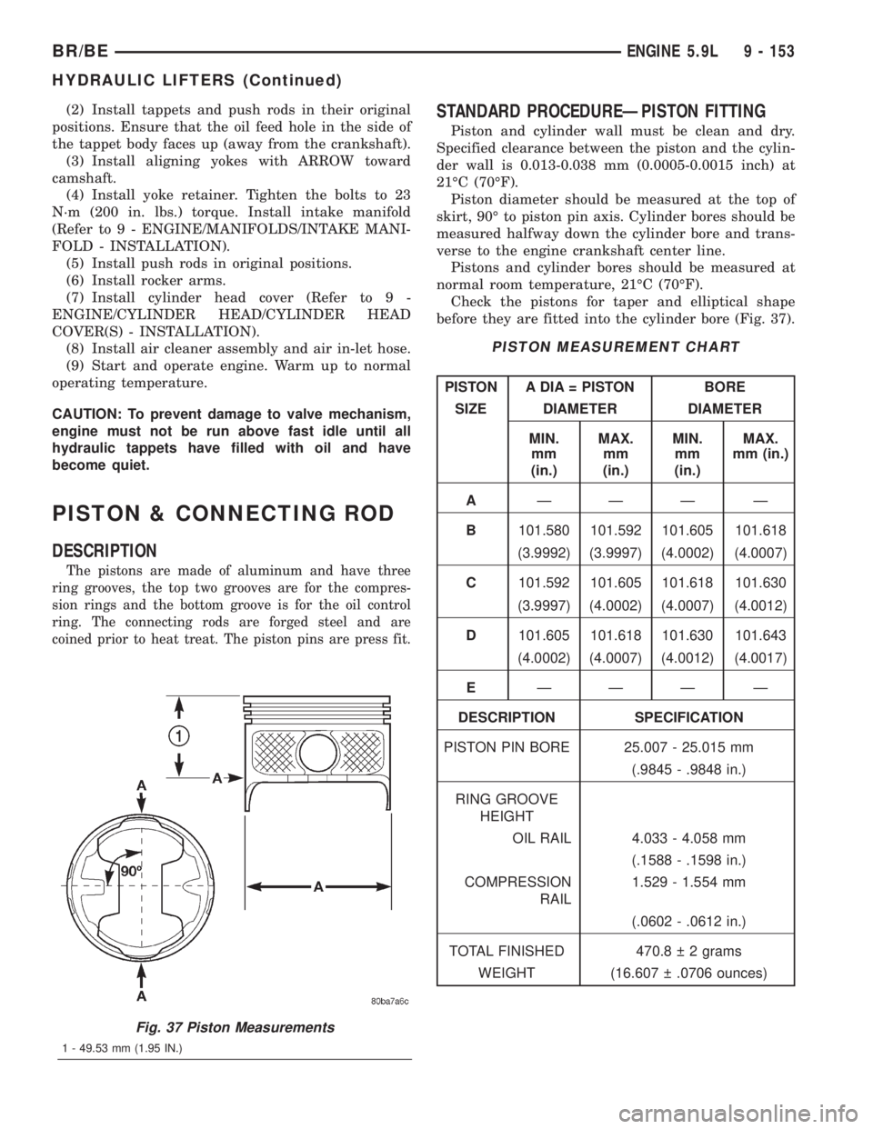 DODGE RAM 2001  Service Repair Manual (2) Install tappets and push rods in their original
positions. Ensure that the oil feed hole in the side of
the tappet body faces up (away from the crankshaft).
(3) Install aligning yokes with ARROW t