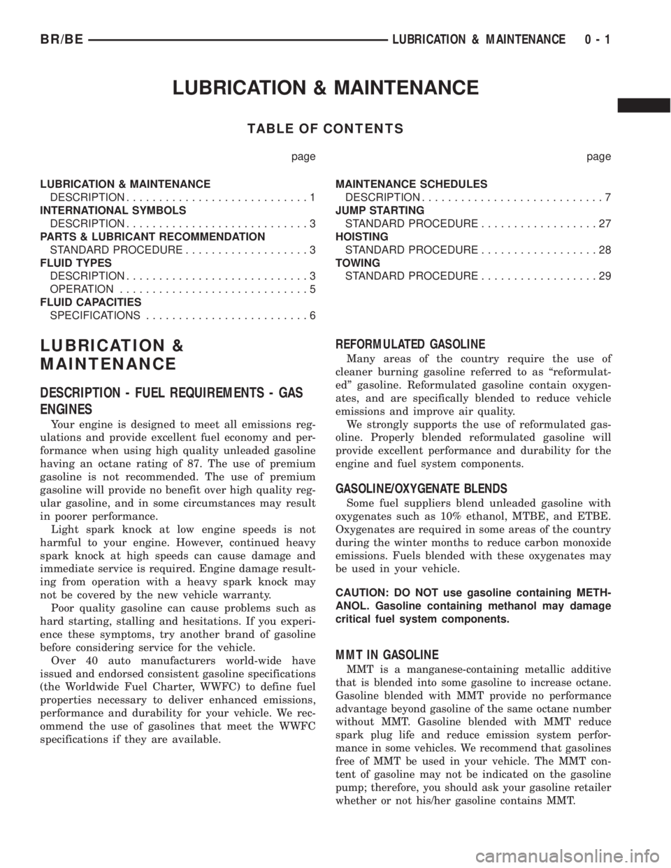 DODGE RAM 2001 Service Repair Manual LUBRICATION & MAINTENANCE
TABLE OF CONTENTS
page page
LUBRICATION & MAINTENANCE
DESCRIPTION............................1
INTERNATIONAL SYMBOLS
DESCRIPTION............................3
PARTS & LUBRICAN DODGE RAM 2001 Service Repair Manual LUBRICATION & MAINTENANCE
TABLE OF CONTENTS
page page
LUBRICATION & MAINTENANCE
DESCRIPTION............................1
INTERNATIONAL SYMBOLS
DESCRIPTION............................3
PARTS & LUBRICAN