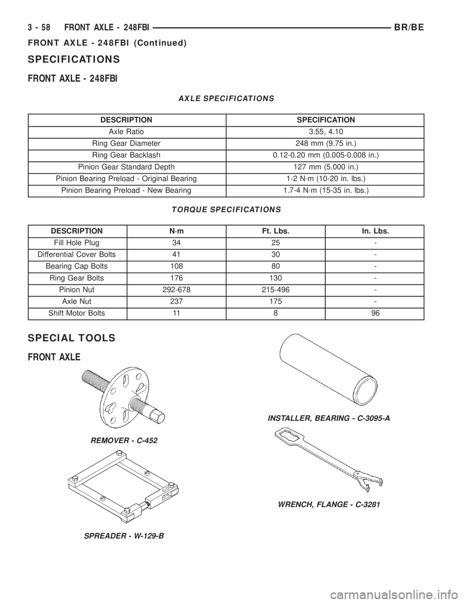 DODGE RAM 2001  Service Repair Manual SPECIFICATIONS
FRONT AXLE - 248FBI
AXLE SPECIFICATIONS
DESCRIPTION SPECIFICATION
Axle Ratio 3.55, 4.10
Ring Gear Diameter 248 mm (9.75 in.)
Ring Gear Backlash 0.12-0.20 mm (0.005-0.008 in.)
Pinion Gea