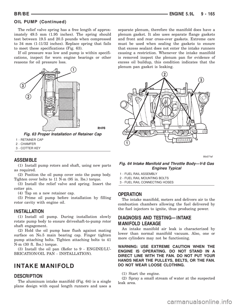 DODGE RAM 2001  Service Repair Manual The relief valve spring has a free length of approx-
imately 49.5 mm (1.95 inches). The spring should
test between 19.5 and 20.5 pounds when compressed
to 34 mm (1-11/32 inches). Replace spring that f