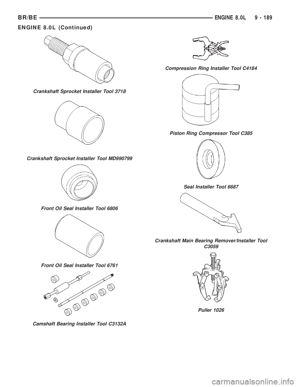 DODGE RAM 2001  Service Repair Manual Crankshaft Sprocket Installer Tool 3718
Crankshaft Sprocket Installer Tool MD990799
Front Oil Seal Installer Tool 6806
Front Oil Seal Installer Tool 6761
Camshaft Bearing Installer Tool C3132A
Compres