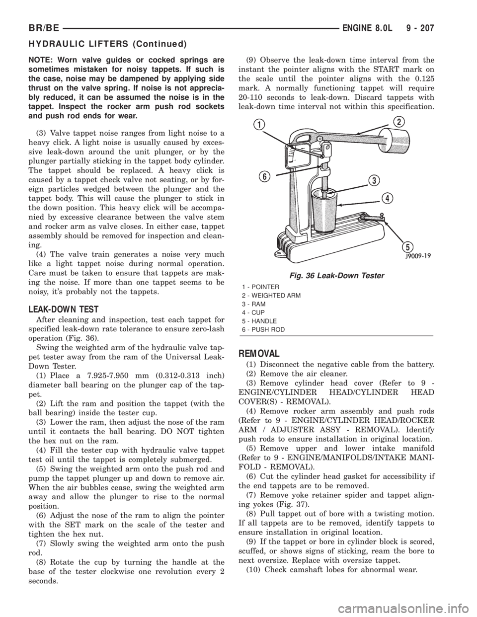 DODGE RAM 2001  Service Repair Manual NOTE: Worn valve guides or cocked springs are
sometimes mistaken for noisy tappets. If such is
the case, noise may be dampened by applying side
thrust on the valve spring. If noise is not apprecia-
bl