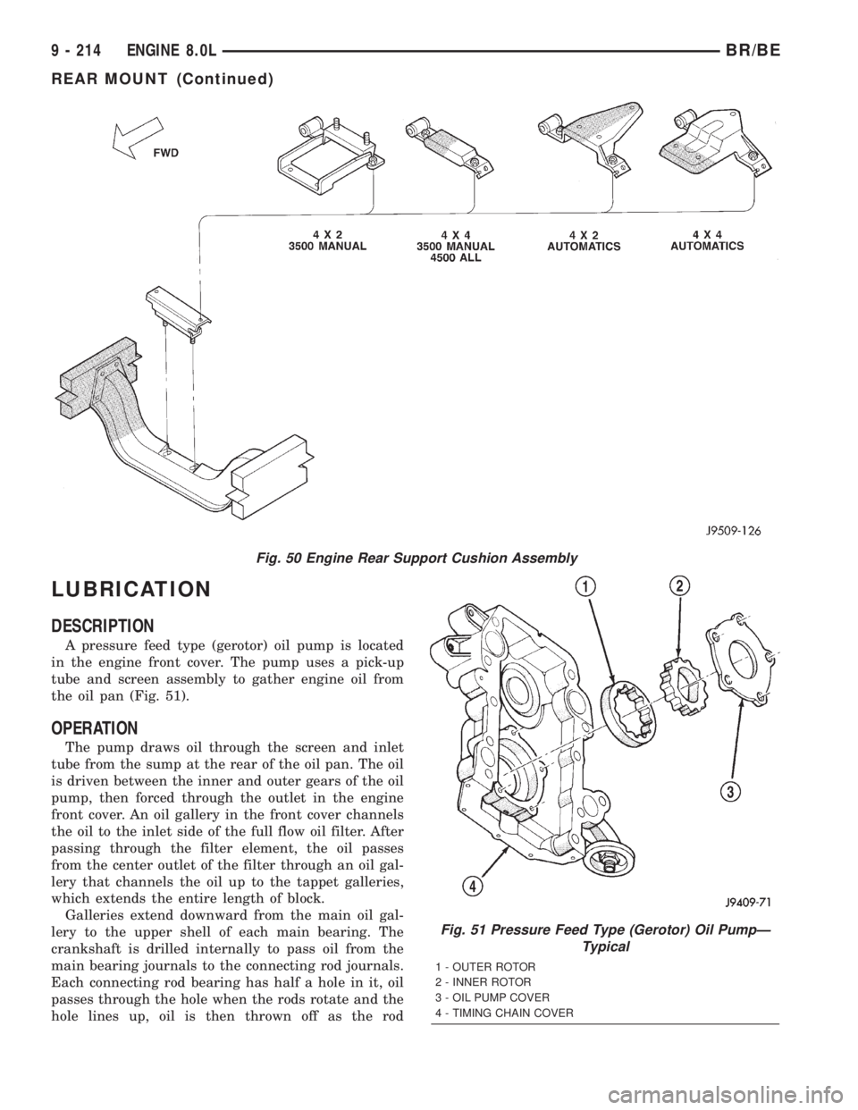 DODGE RAM 2001 Service Repair Manual LUBRICATION
DESCRIPTION
A pressure feed type (gerotor) oil pump is located
in the engine front cover. The pump uses a pick-up
tube and screen assembly to gather engine oil from
the oil pan (Fig. 51).
DODGE RAM 2001 Service Repair Manual LUBRICATION
DESCRIPTION
A pressure feed type (gerotor) oil pump is located
in the engine front cover. The pump uses a pick-up
tube and screen assembly to gather engine oil from
the oil pan (Fig. 51).