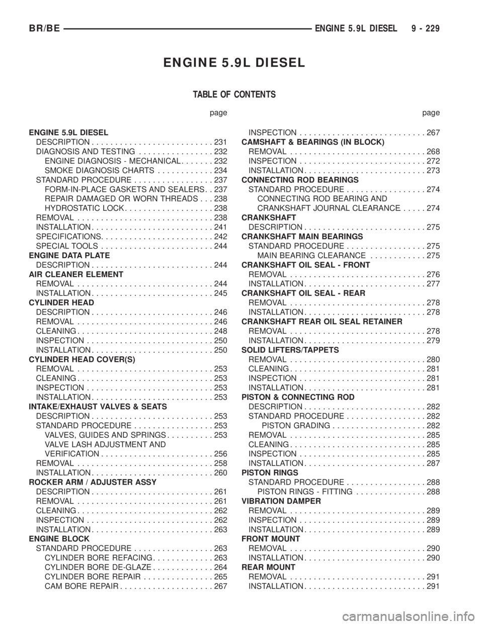 DODGE RAM 2001 Service Repair Manual ENGINE 5.9L DIESEL
TABLE OF CONTENTS
page page
ENGINE 5.9L DIESEL
DESCRIPTION..........................231
DIAGNOSIS AND TESTING................232
ENGINE DIAGNOSIS - MECHANICAL.......232
SMOKE DIAGNO DODGE RAM 2001 Service Repair Manual ENGINE 5.9L DIESEL
TABLE OF CONTENTS
page page
ENGINE 5.9L DIESEL
DESCRIPTION..........................231
DIAGNOSIS AND TESTING................232
ENGINE DIAGNOSIS - MECHANICAL.......232
SMOKE DIAGNO