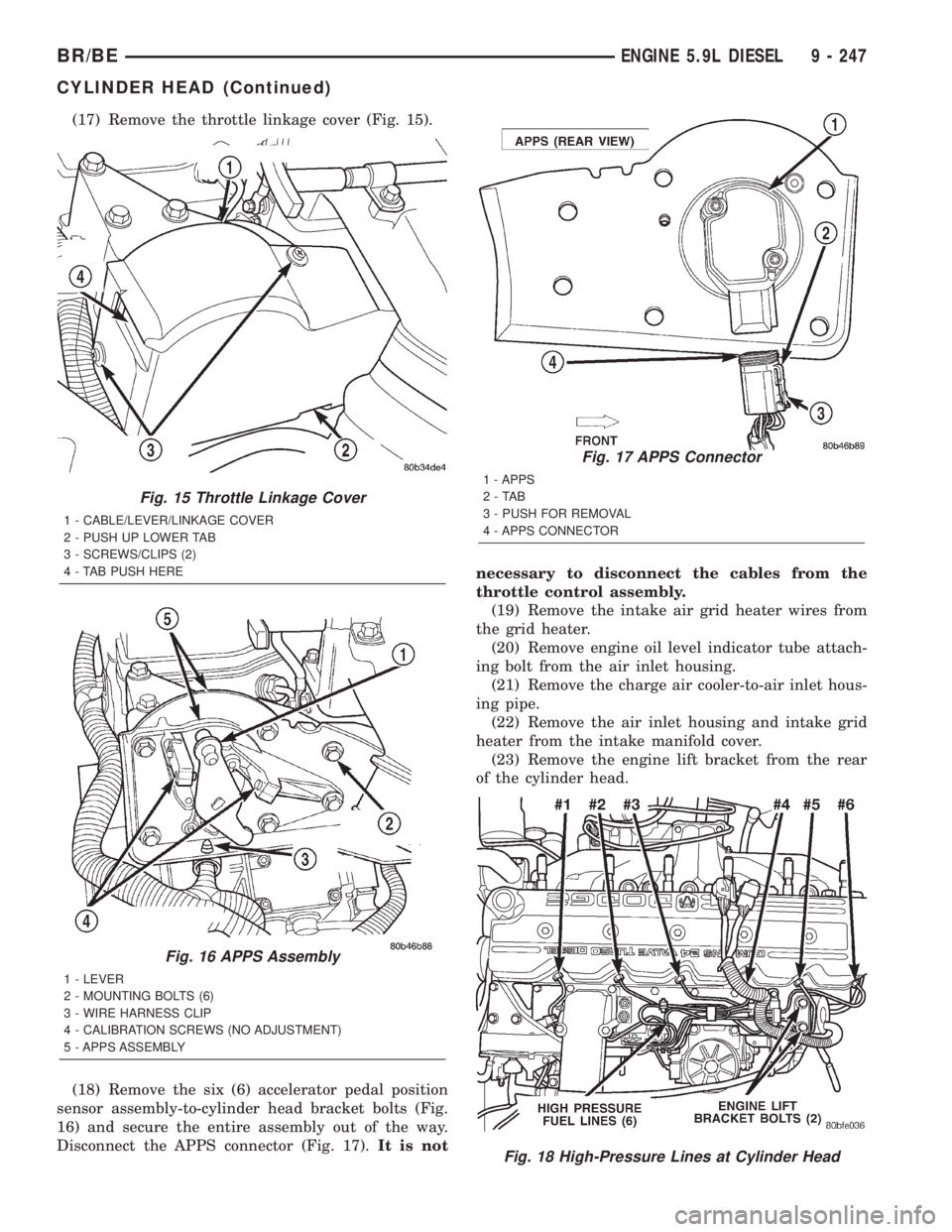 DODGE RAM 2001 Service Repair Manual (17) Remove the throttle linkage cover (Fig. 15).
(18) Remove the six (6) accelerator pedal position
sensor assembly-to-cylinder head bracket bolts (Fig.
16) and secure the entire assembly out of the DODGE RAM 2001 Service Repair Manual (17) Remove the throttle linkage cover (Fig. 15).
(18) Remove the six (6) accelerator pedal position
sensor assembly-to-cylinder head bracket bolts (Fig.
16) and secure the entire assembly out of the