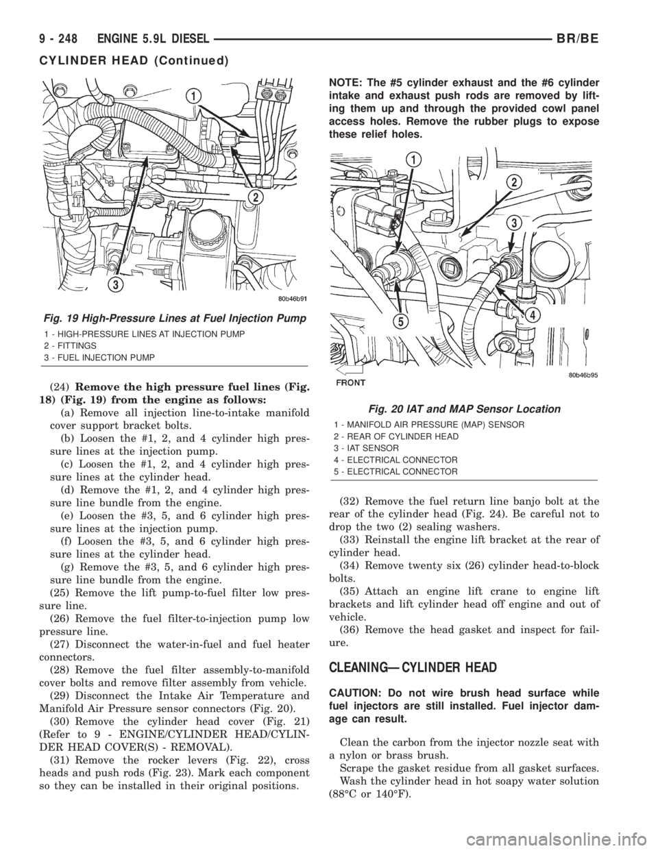 DODGE RAM 2001 Service Repair Manual (24)Remove the high pressure fuel lines (Fig.
18) (Fig. 19) from the engine as follows:
(a) Remove all injection line-to-intake manifold
cover support bracket bolts.
(b) Loosen the #1, 2, and 4 cylind DODGE RAM 2001 Service Repair Manual (24)Remove the high pressure fuel lines (Fig.
18) (Fig. 19) from the engine as follows:
(a) Remove all injection line-to-intake manifold
cover support bracket bolts.
(b) Loosen the #1, 2, and 4 cylind