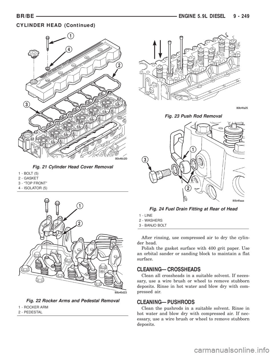 DODGE RAM 2001 Service Repair Manual After rinsing, use compressed air to dry the cylin-
der head.
Polish the gasket surface with 400 grit paper. Use
an orbital sander or sanding block to maintain a flat
surface.
CLEANINGÐCROSSHEADS
Cle DODGE RAM 2001 Service Repair Manual After rinsing, use compressed air to dry the cylin-
der head.
Polish the gasket surface with 400 grit paper. Use
an orbital sander or sanding block to maintain a flat
surface.
CLEANINGÐCROSSHEADS
Cle