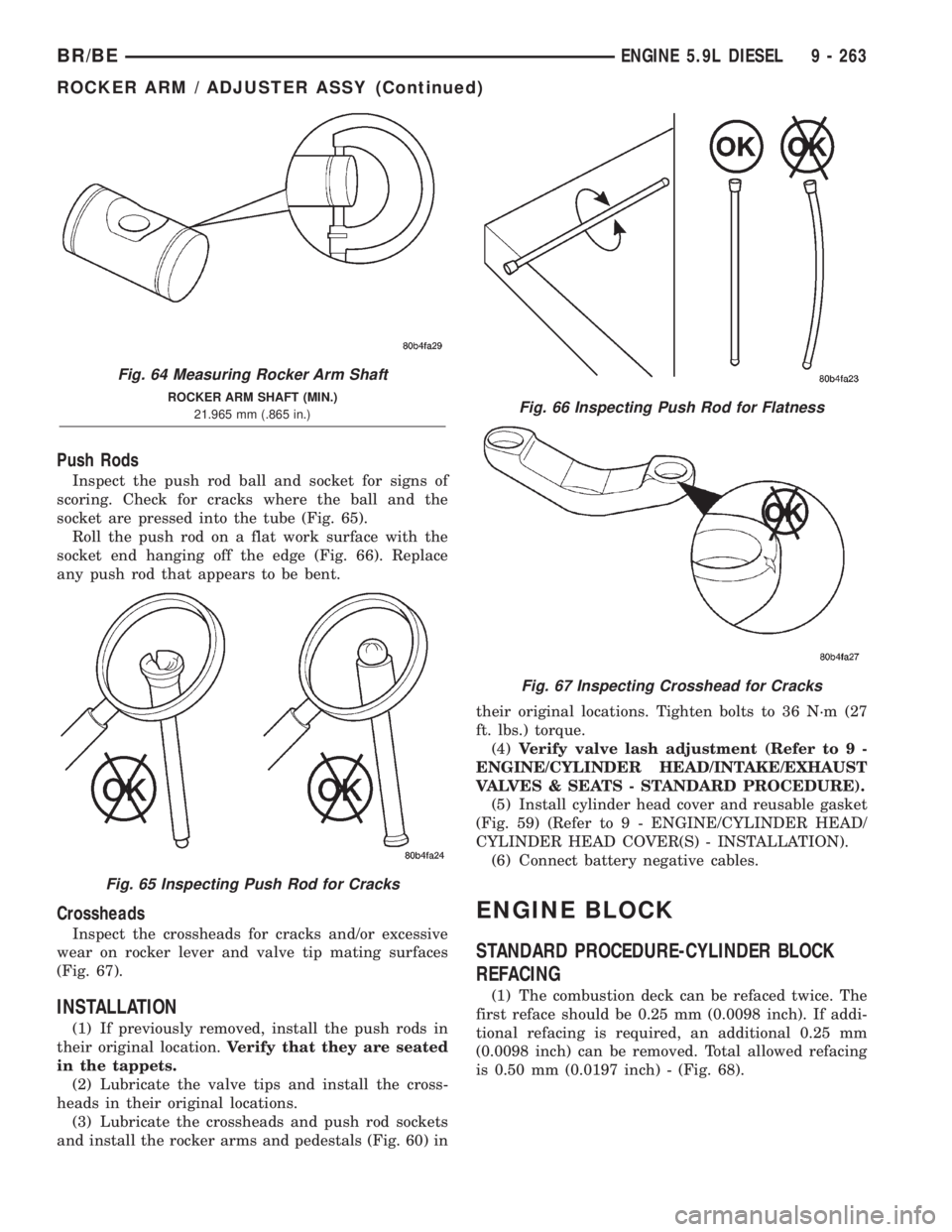 DODGE RAM 2001 Service Repair Manual Push Rods
Inspect the push rod ball and socket for signs of
scoring. Check for cracks where the ball and the
socket are pressed into the tube (Fig. 65).
Roll the push rod on a flat work surface with t DODGE RAM 2001 Service Repair Manual Push Rods
Inspect the push rod ball and socket for signs of
scoring. Check for cracks where the ball and the
socket are pressed into the tube (Fig. 65).
Roll the push rod on a flat work surface with t