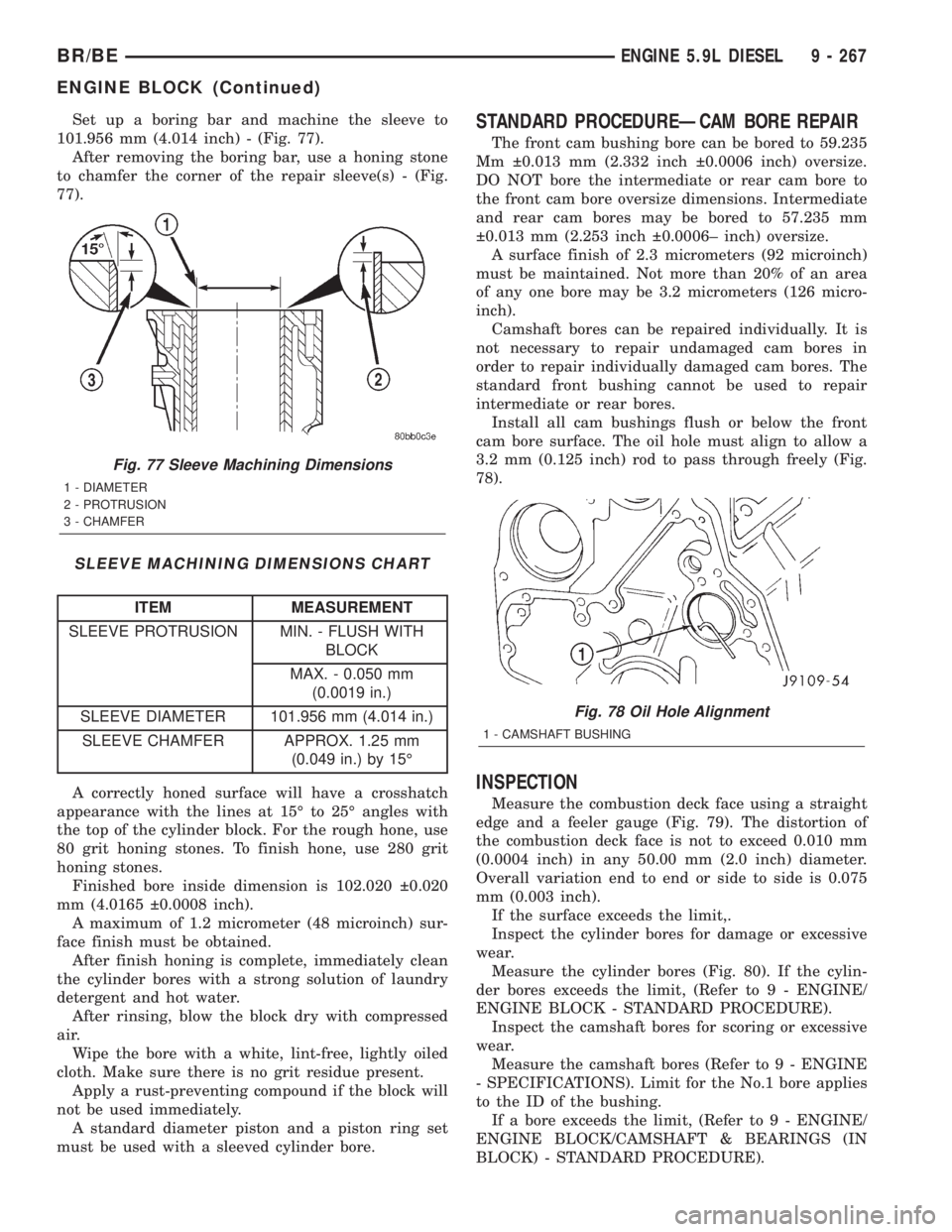 DODGE RAM 2001  Service Repair Manual Set up a boring bar and machine the sleeve to
101.956 mm (4.014 inch) - (Fig. 77).
After removing the boring bar, use a honing stone
to chamfer the corner of the repair sleeve(s) - (Fig.
77).
SLEEVE M