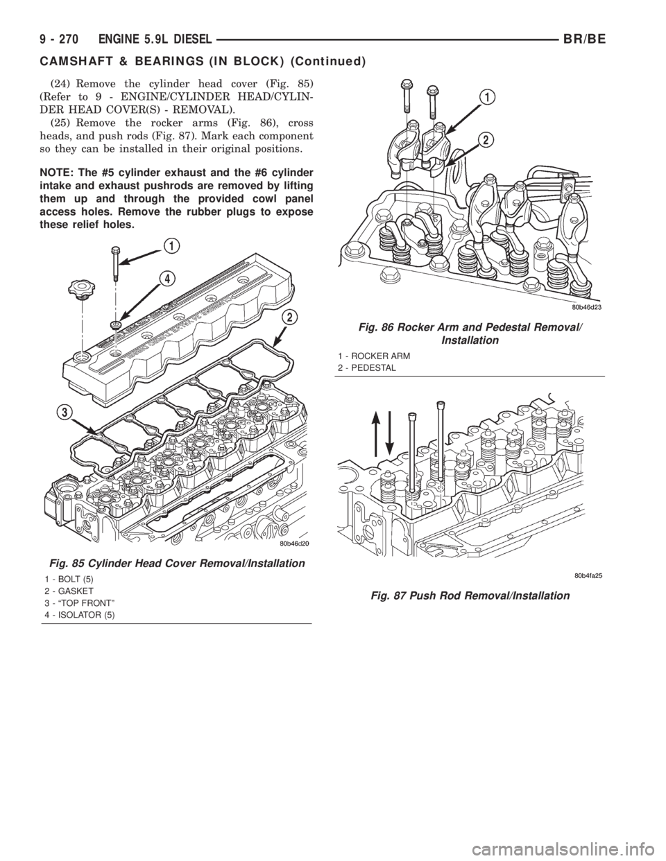 DODGE RAM 2001  Service Repair Manual (24) Remove the cylinder head cover (Fig. 85)
(Refer to 9 - ENGINE/CYLINDER HEAD/CYLIN-
DER HEAD COVER(S) - REMOVAL).
(25) Remove the rocker arms (Fig. 86), cross
heads, and push rods (Fig. 87). Mark 