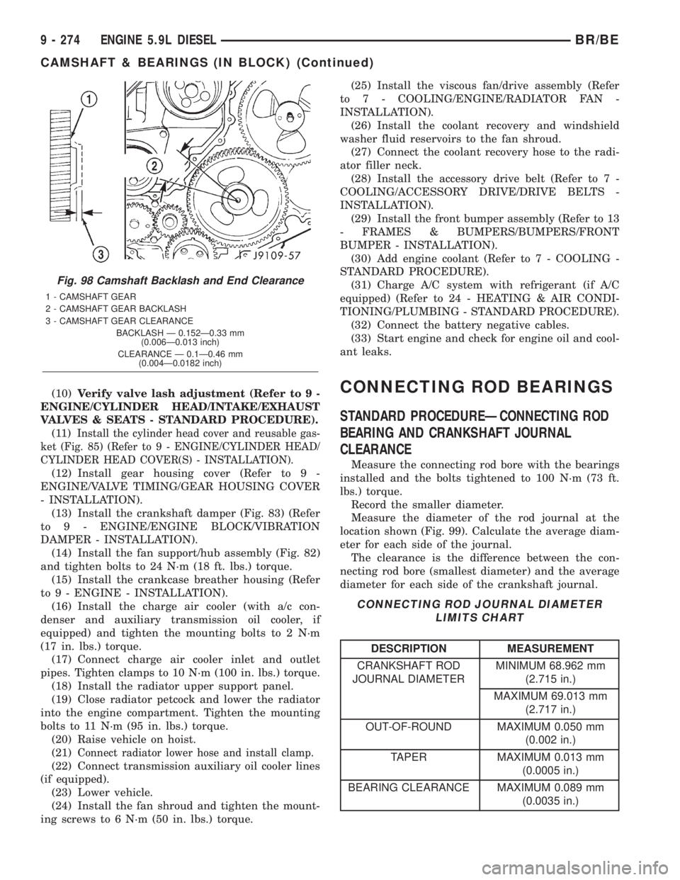 DODGE RAM 2001  Service Repair Manual (10)Verify valve lash adjustment (Refer to 9 -
ENGINE/CYLINDER HEAD/INTAKE/EXHAUST
VALVES & SEATS - STANDARD PROCEDURE).
(11)
Install the cylinder head cover and reusable gas-
ket (Fig. 85) (Refer to 