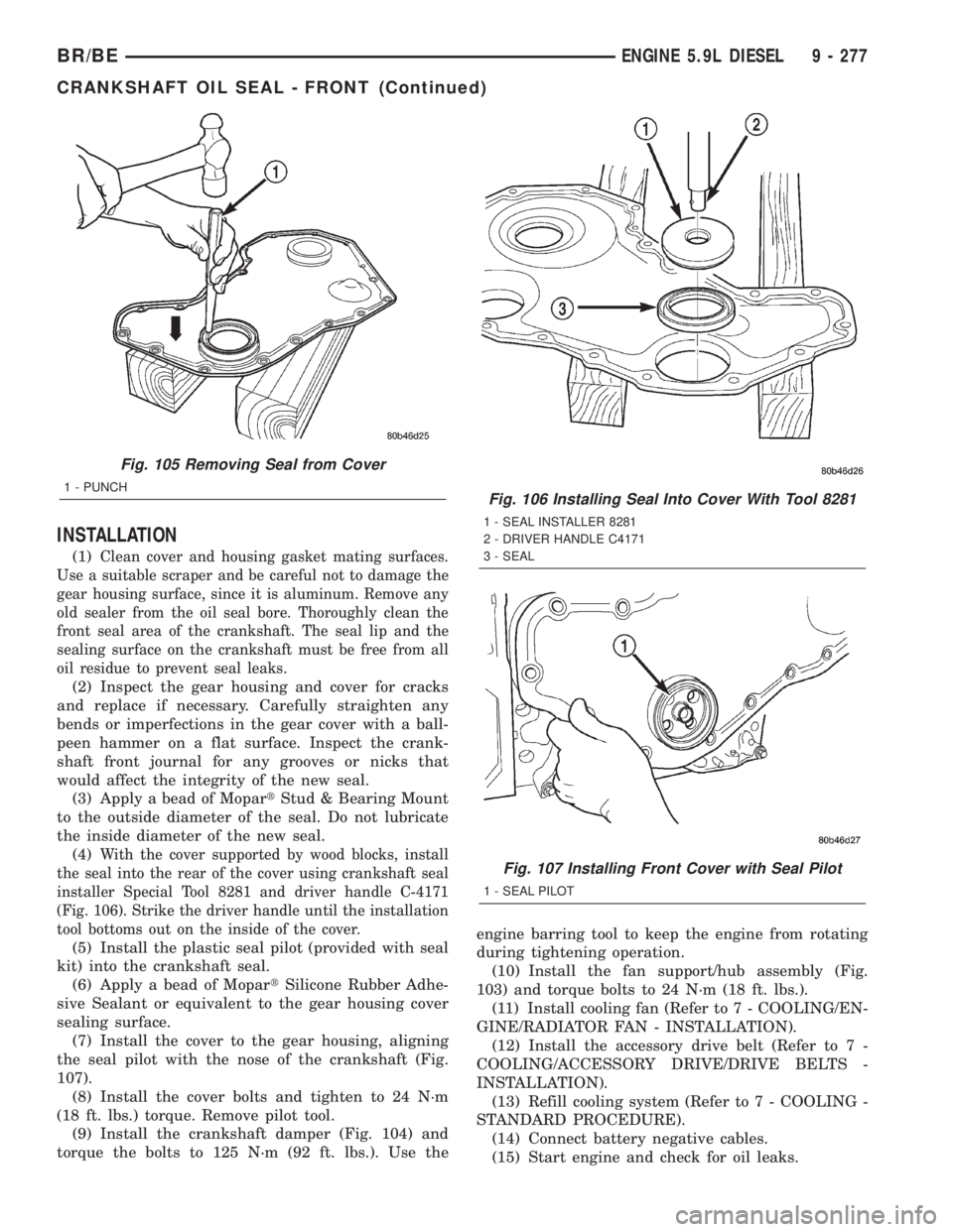 DODGE RAM 2001  Service Repair Manual INSTALLATION
(1)Clean cover and housing gasket mating surfaces.
Use a suitable scraper and be careful not to damage the
gear housing surface, since it is aluminum. Remove any
old sealer from the oil s