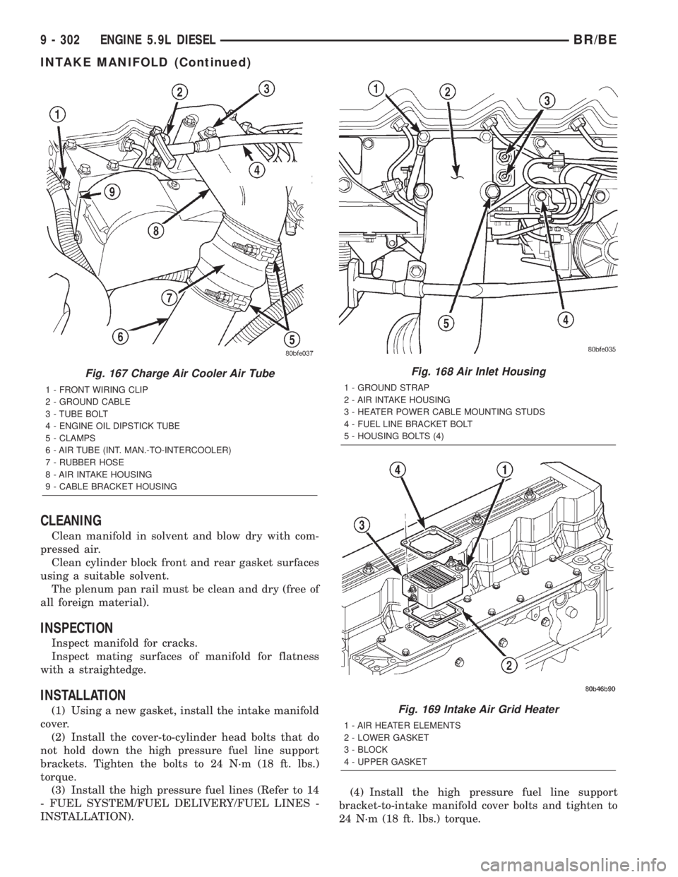 DODGE RAM 2001  Service Repair Manual CLEANING
Clean manifold in solvent and blow dry with com-
pressed air.
Clean cylinder block front and rear gasket surfaces
using a suitable solvent.
The plenum pan rail must be clean and dry (free of
