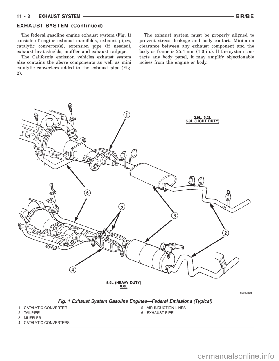 DODGE RAM 2001  Service Repair Manual The federal gasoline engine exhaust system (Fig. 1)
consists of engine exhaust manifolds, exhaust pipes,
catalytic converter(s), extension pipe (if needed),
exhaust heat shields, muffler and exhaust t