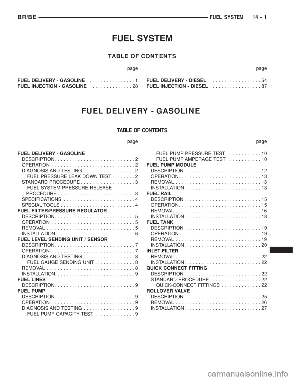 DODGE RAM 2001 Service Repair Manual FUEL SYSTEM
TABLE OF CONTENTS
page page
FUEL DELIVERY - GASOLINE................1
FUEL INJECTION - GASOLINE..............28FUEL DELIVERY - DIESEL.................54
FUEL INJECTION - DIESEL............ DODGE RAM 2001 Service Repair Manual FUEL SYSTEM
TABLE OF CONTENTS
page page
FUEL DELIVERY - GASOLINE................1
FUEL INJECTION - GASOLINE..............28FUEL DELIVERY - DIESEL.................54
FUEL INJECTION - DIESEL............