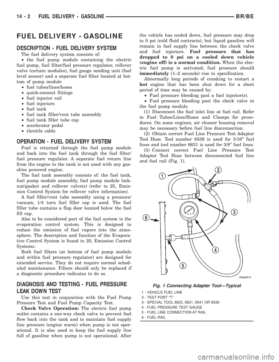 DODGE RAM 2001 Service Repair Manual FUEL DELIVERY - GASOLINE
DESCRIPTION - FUEL DELIVERY SYSTEM
The fuel delivery system consists of:
²the fuel pump module containing the electric
fuel pump, fuel filter/fuel pressure regulator, rollove DODGE RAM 2001 Service Repair Manual FUEL DELIVERY - GASOLINE
DESCRIPTION - FUEL DELIVERY SYSTEM
The fuel delivery system consists of:
²the fuel pump module containing the electric
fuel pump, fuel filter/fuel pressure regulator, rollove